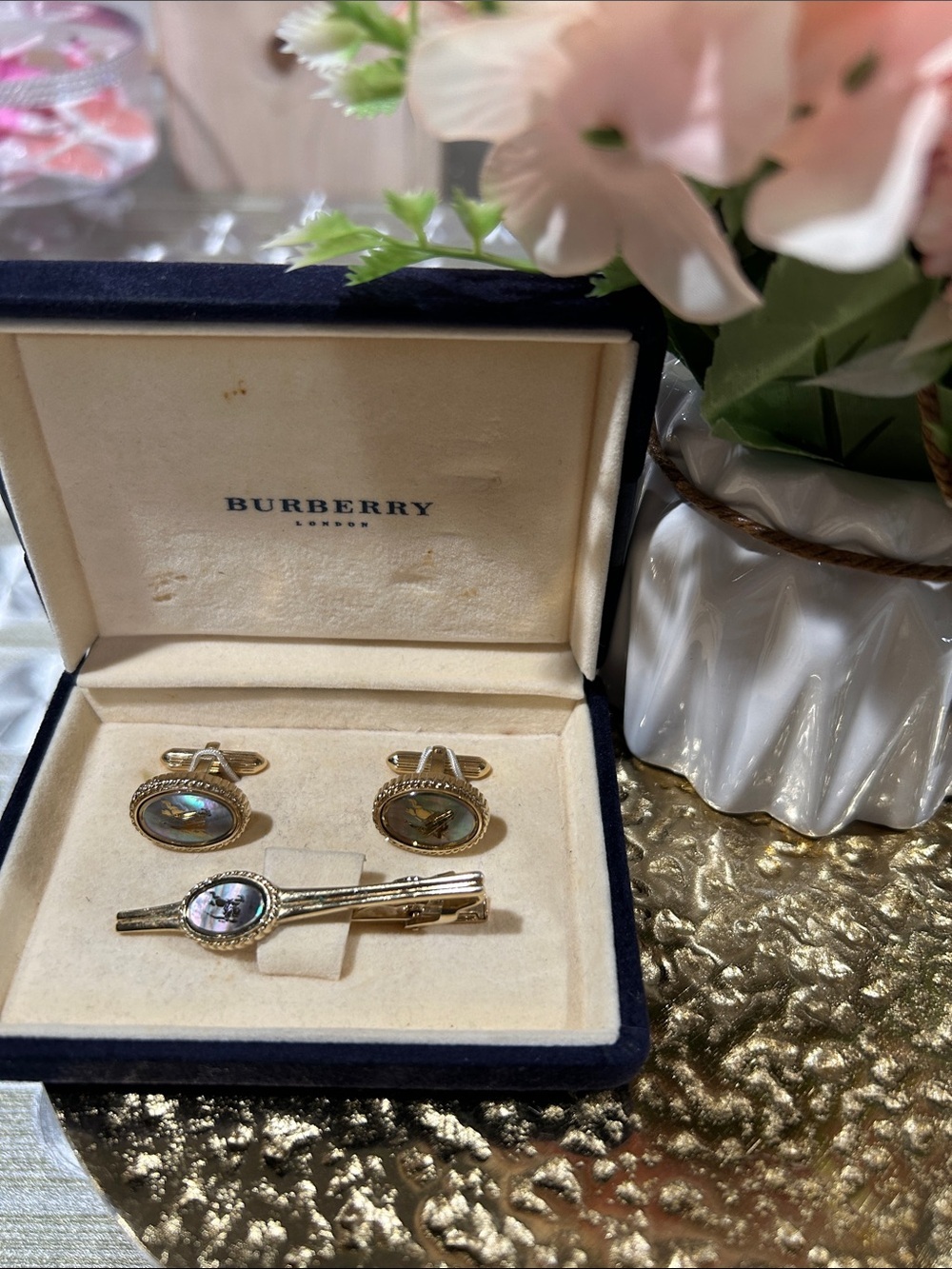 7069. Vintage Burberry London Cufflink & Tie Clip Set. Gold tone MOP w/ Box.